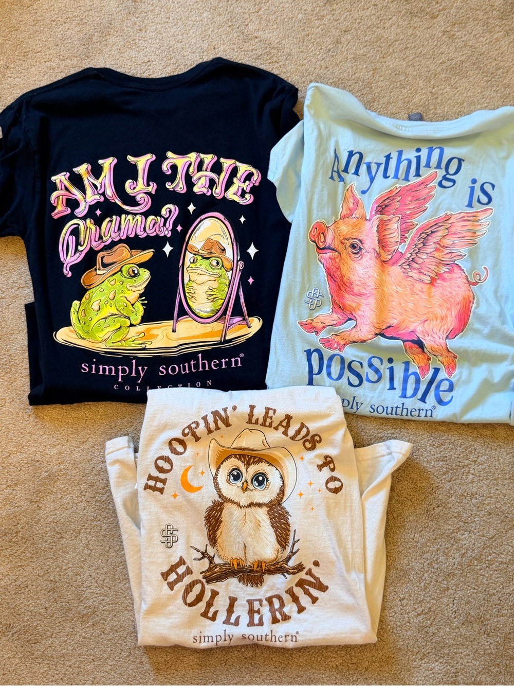 Simply Southern Collection Lot 3 Graphic Cotton Tee Cream Black Blue SS Size M